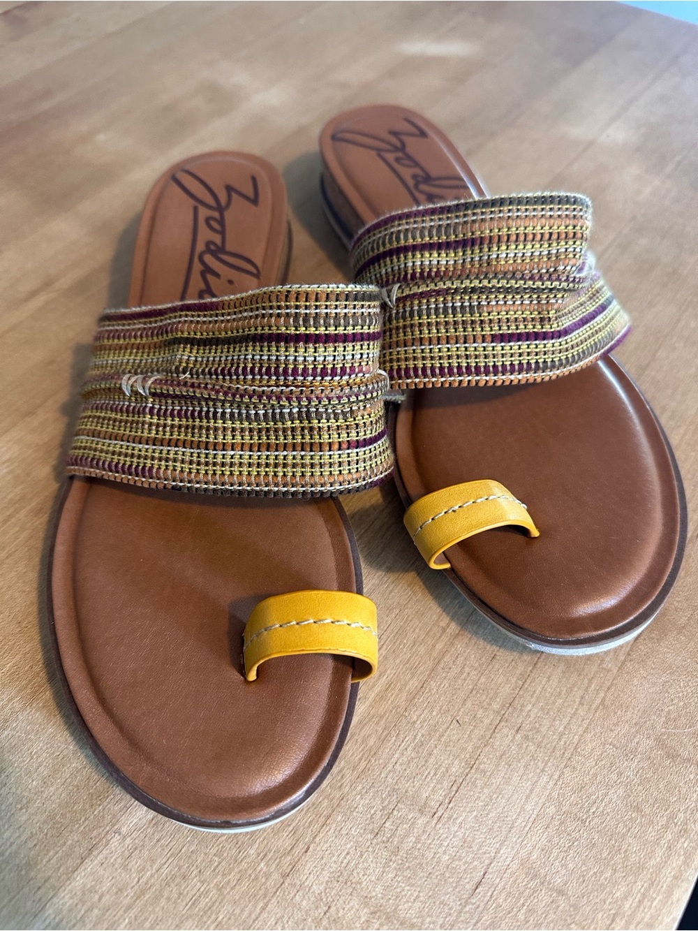 Zodiac Brown Slide Sandals with Yellow Toe-Loop and Multicolor Woven Strap